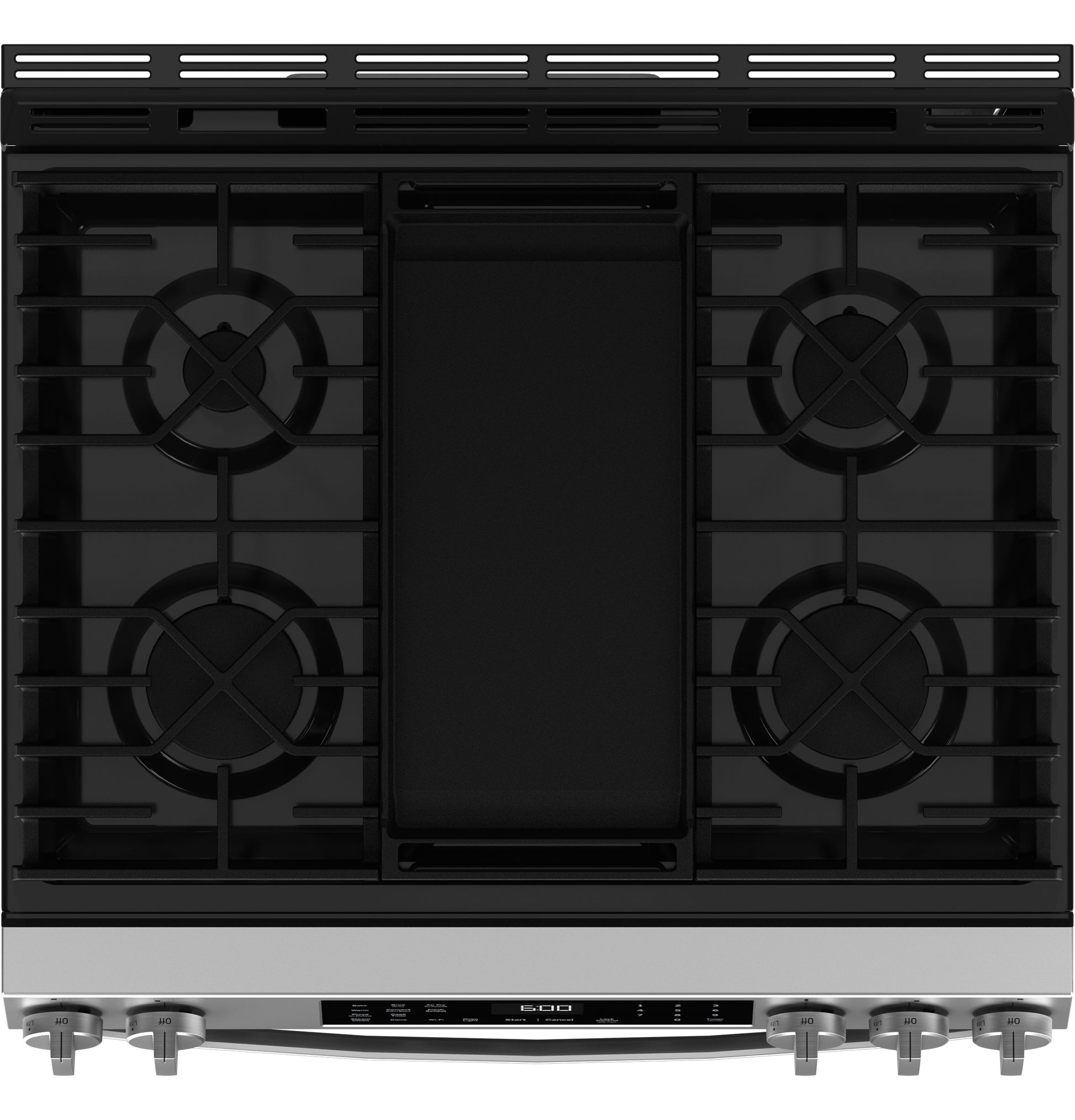 Top view of a stainless steel gas range with four burners, central griddle, and front control knobs in kitchen appliances collection