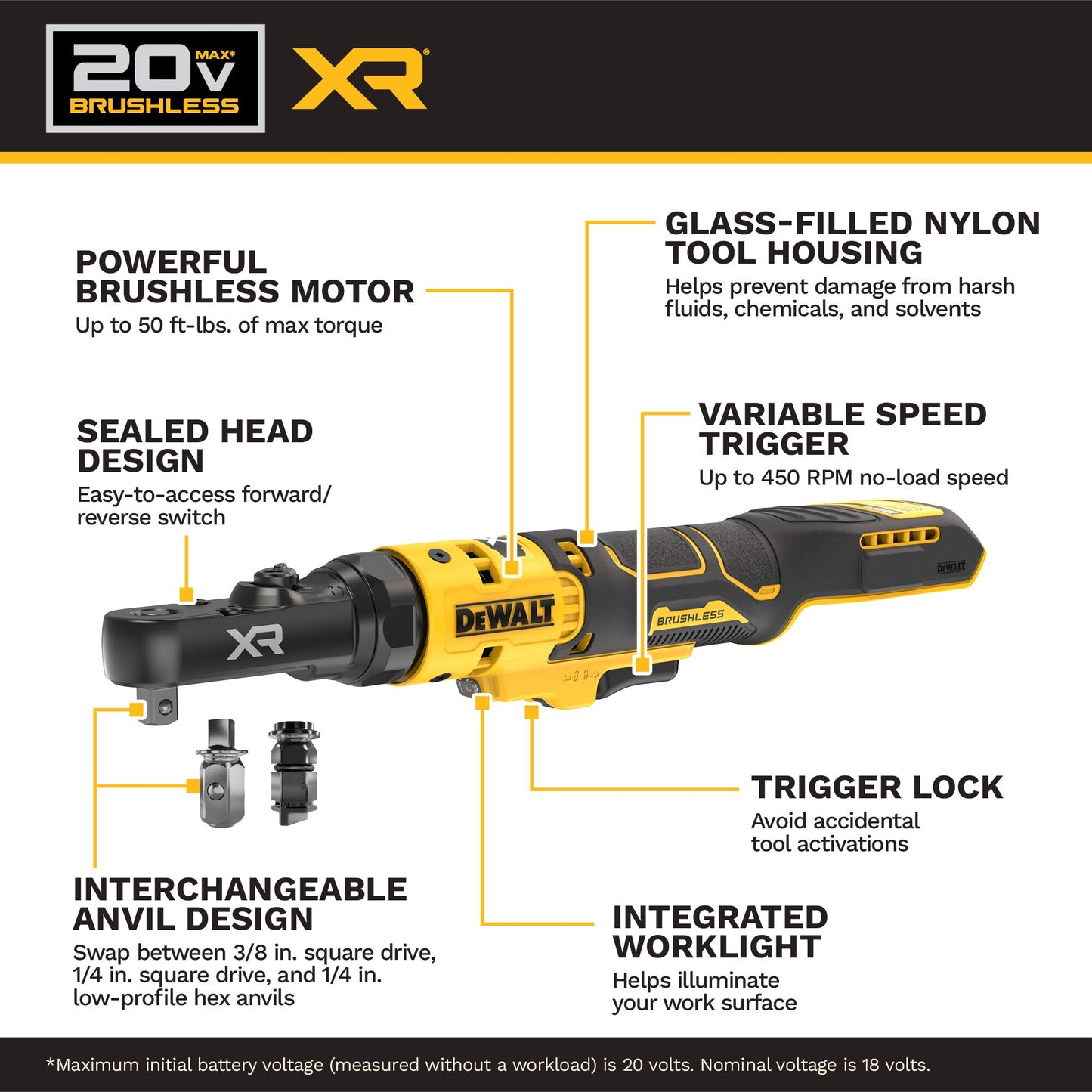 DEWALT 20V MAX* XR® Brushless Cordless 1/4 In. & 3/8 In. Sealed Head Ratchet (Tool Only)