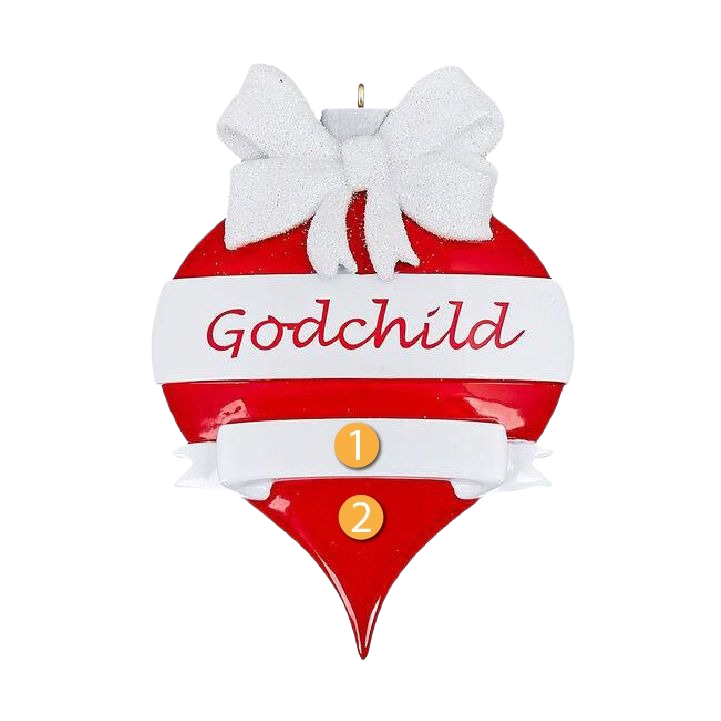 Red and white teardrop ornament with white bow and "Godchild" script for Christmas Ornaments & Tree Decorations under $50 collection