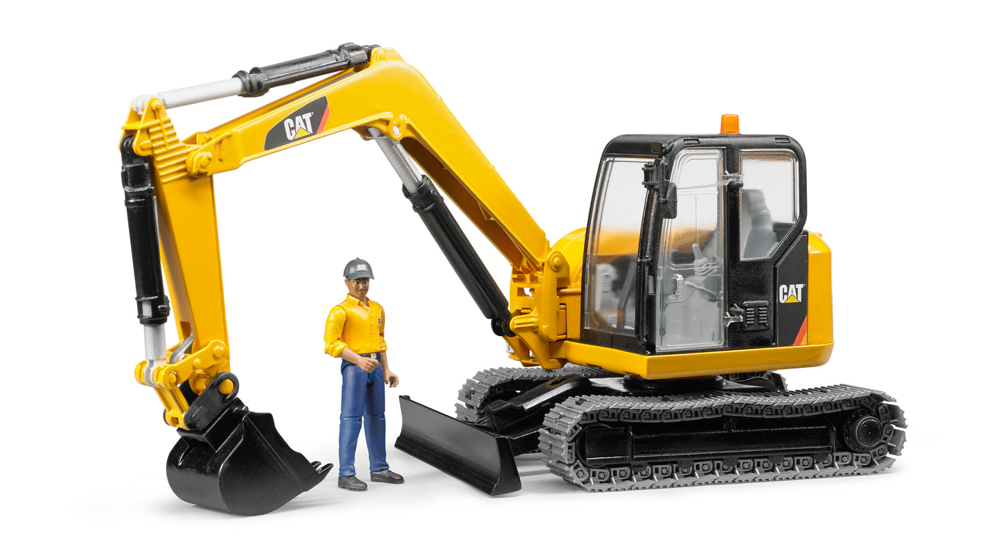 Yellow Bruder Cat mini excavator toy with articulated arm and realistic worker figure for construction play activities