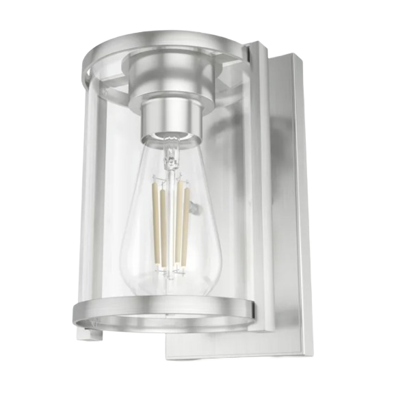 Brushed nickel wall sconce with clear glass shade, suitable for bathroom and vanity lighting in home improvement collections