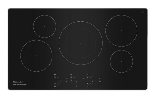 Black 36-inch induction cooktop with five cooking elements and touch controls from KitchenAid appliances collection