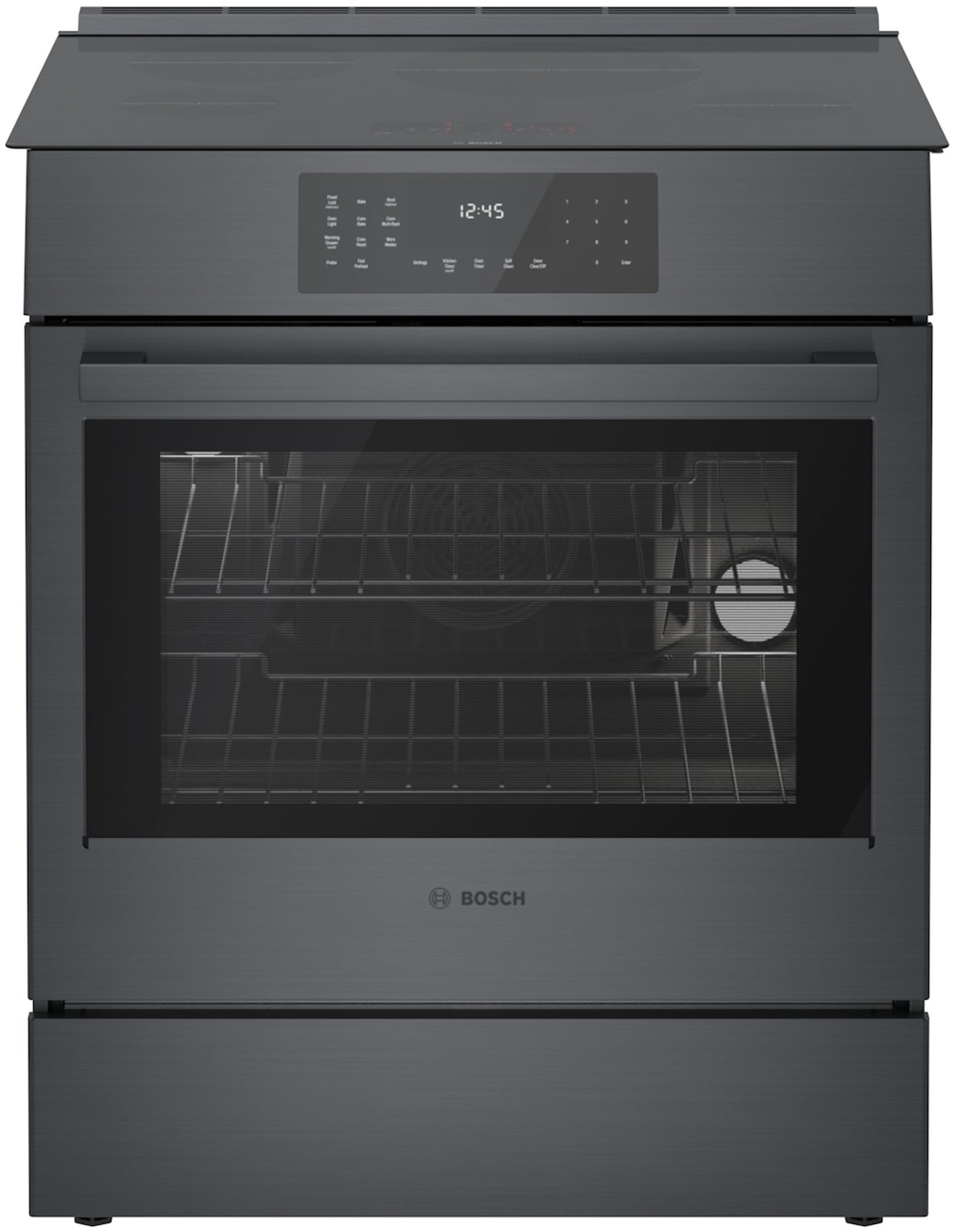 Black stainless steel 30-inch induction slide-in range with digital touch controls in kitchenware and appliance collection