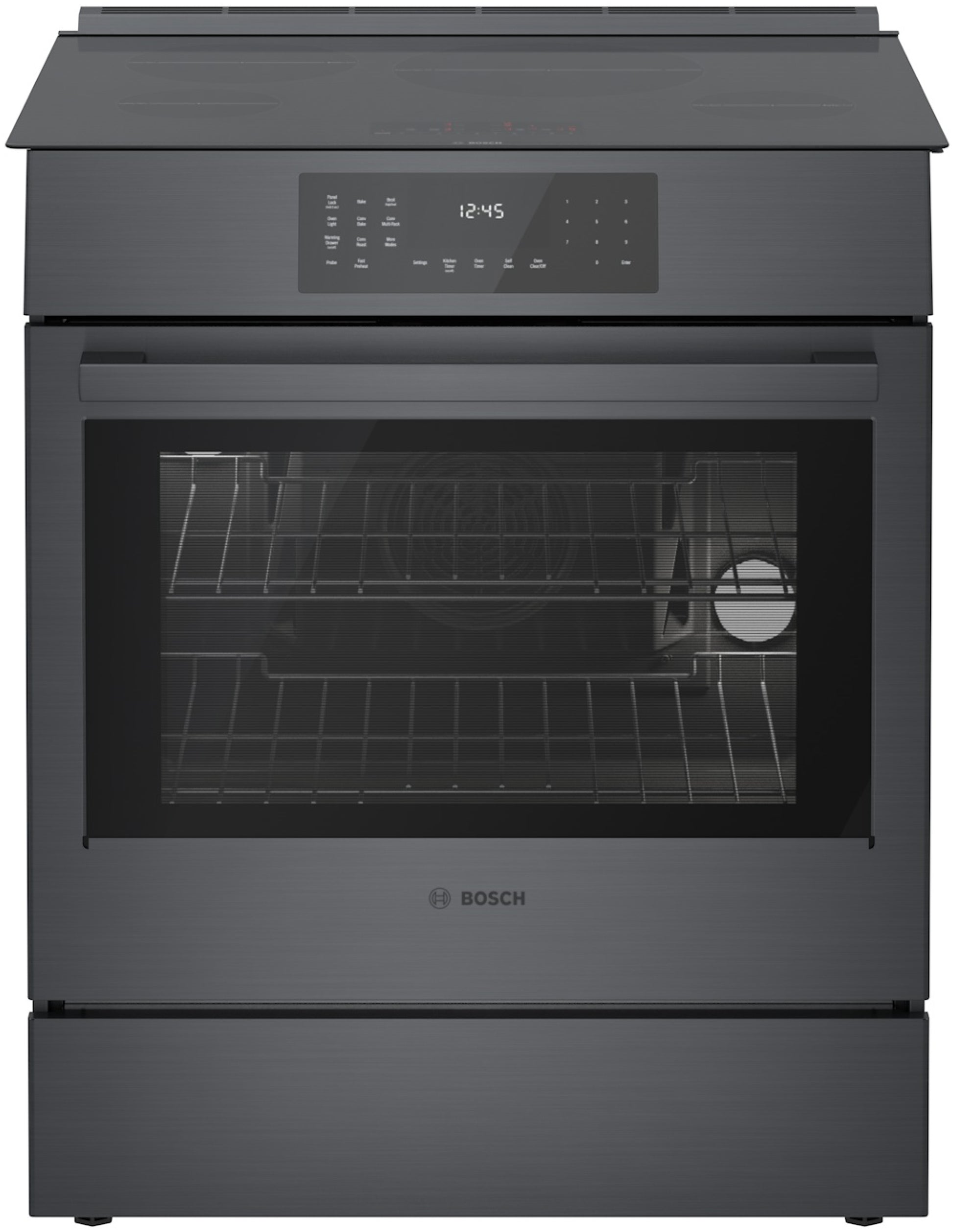 Black stainless steel 30-inch induction slide-in range with digital touch controls in kitchenware and appliance collection