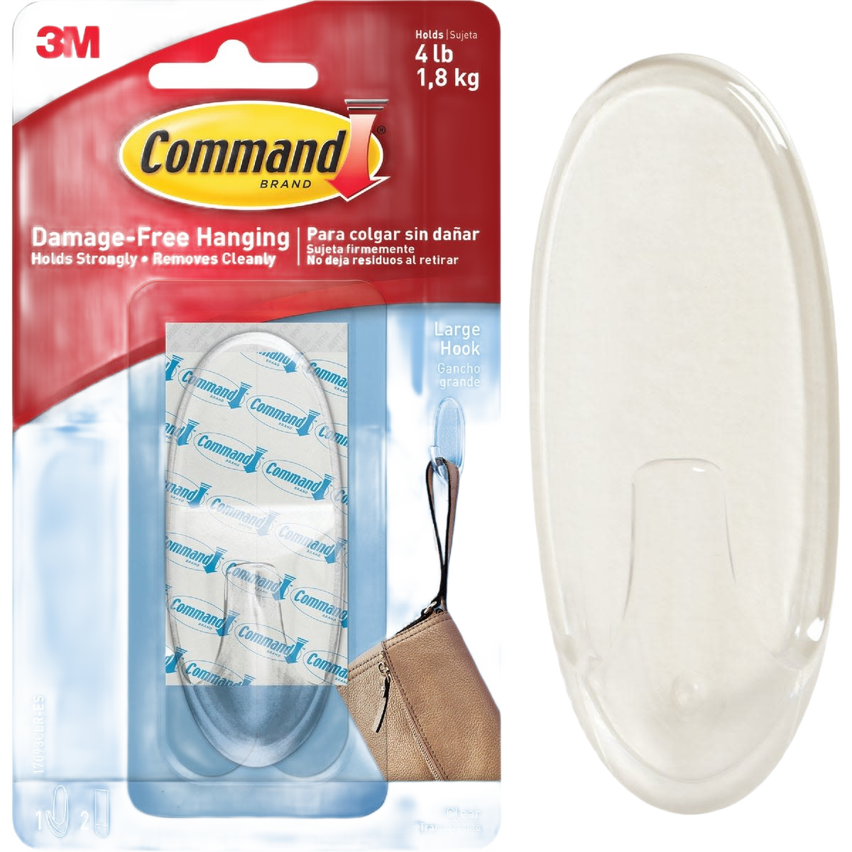 Large clear adhesive utility hook in hardware category for home organization and damage-free hanging solutions