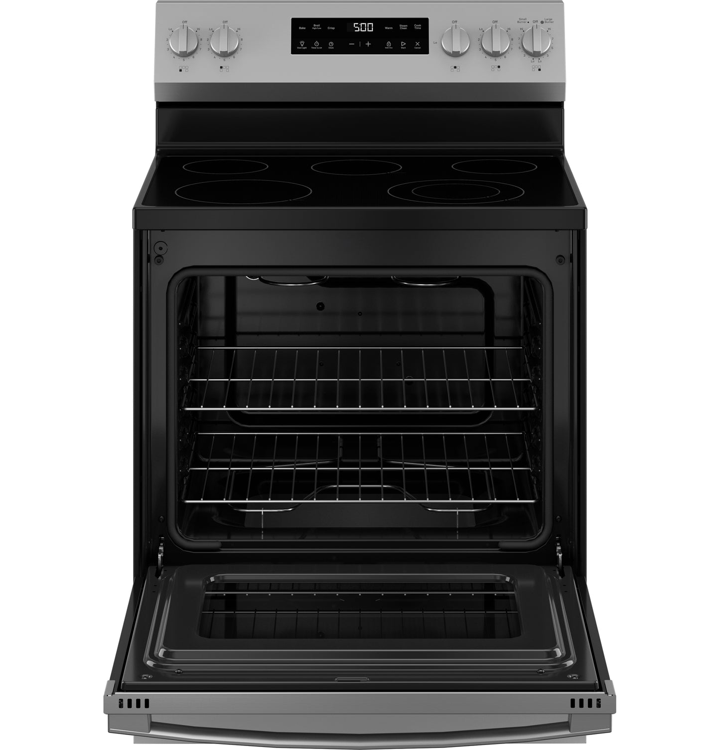 Free-standing electric range in stainless steel with smooth cooktop and open oven showing racks in kitchen appliances collection
