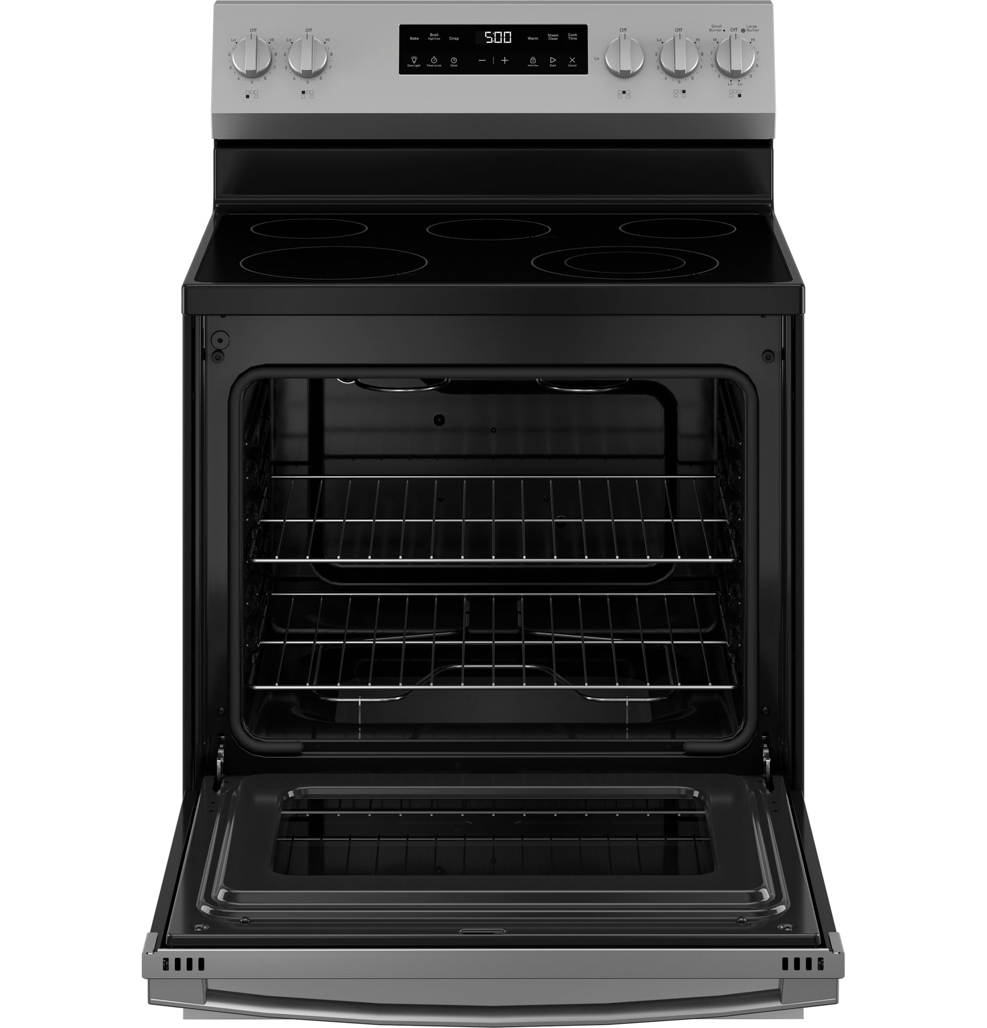 Free-standing electric range in stainless steel with smooth cooktop and open oven showing racks in kitchen appliances collection
