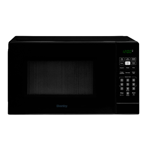 Black countertop microwave with digital keypad, preset buttons, and green timer display for kitchen appliances use