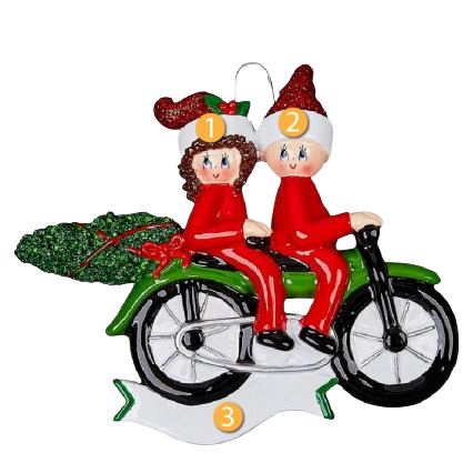 Festive couple in red riding a green motorcycle with Christmas tree on back from Christmas Ornaments & Tree Decorations collection