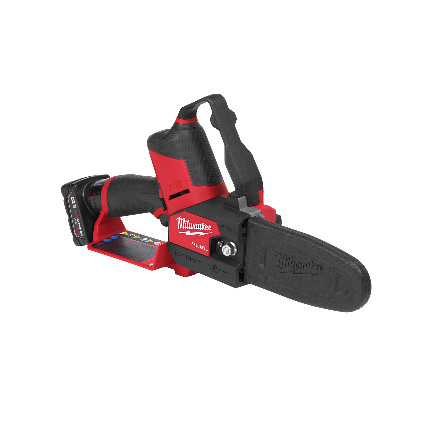 Cordless pruning saw in red and black with ergonomic handle and protective blade cover for tools and home improvement use