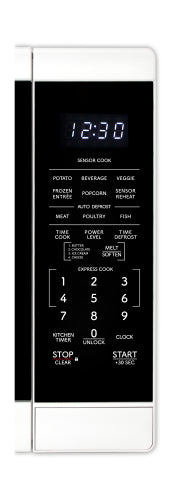 Close-up of black control panel on white countertop microwave with sensor cook and preset food options in kitchen appliances collection