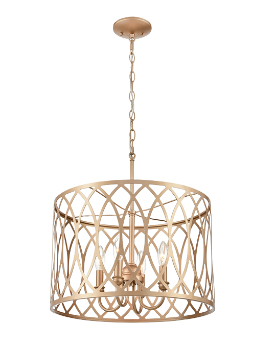 Gold toned pendant light fixture with four candle-style bulbs in openwork metal drum shade for bathroom decor