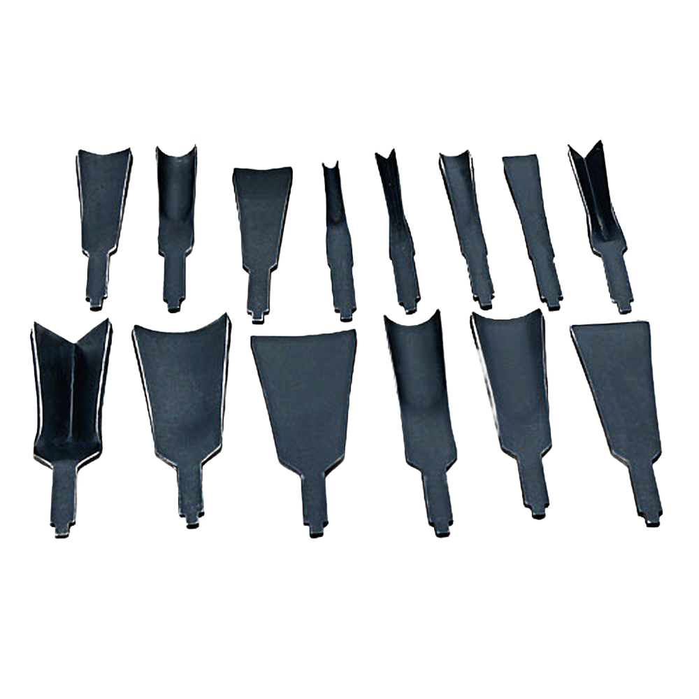 Set of 14 black power gouge blades with various curved and flat profiles for tools and home improvement projects