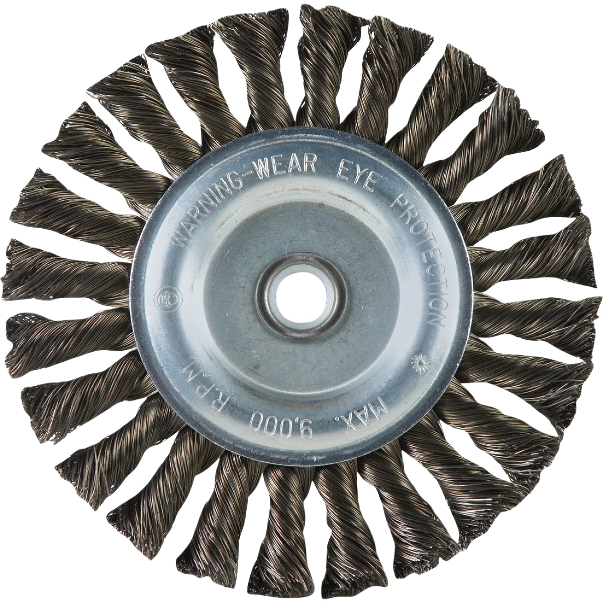 Steel twist knot wire wheel brush with central mounting hole for bench grinder tool and home improvement tasks