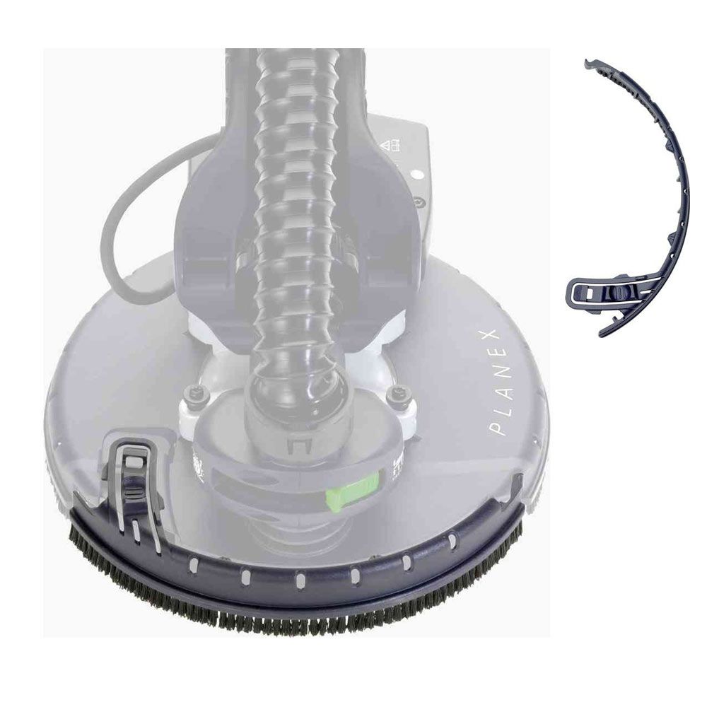 Curved black brush segment attachment for sanding tool, designed for dust containment in home improvement tasks