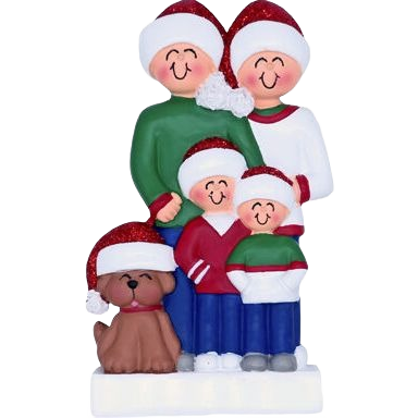 Four-person family figurine with brown dog wearing red and white Santa hats for Christmas Ornaments & Tree Decorations under $50 collection