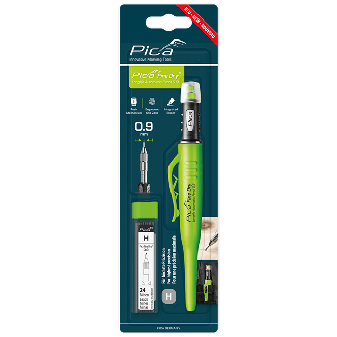 Green Pica Fine-Dry pencil with 0.9mm HB refill leads, ideal for precision marking in woodworking and office supplies