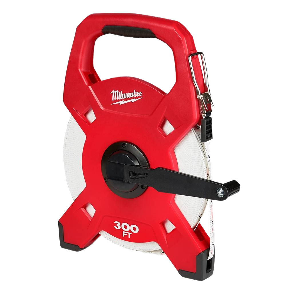 Red Milwaukee fiberglass open reel long tape with black crank handle for measuring and woodworking tools under $100 collection