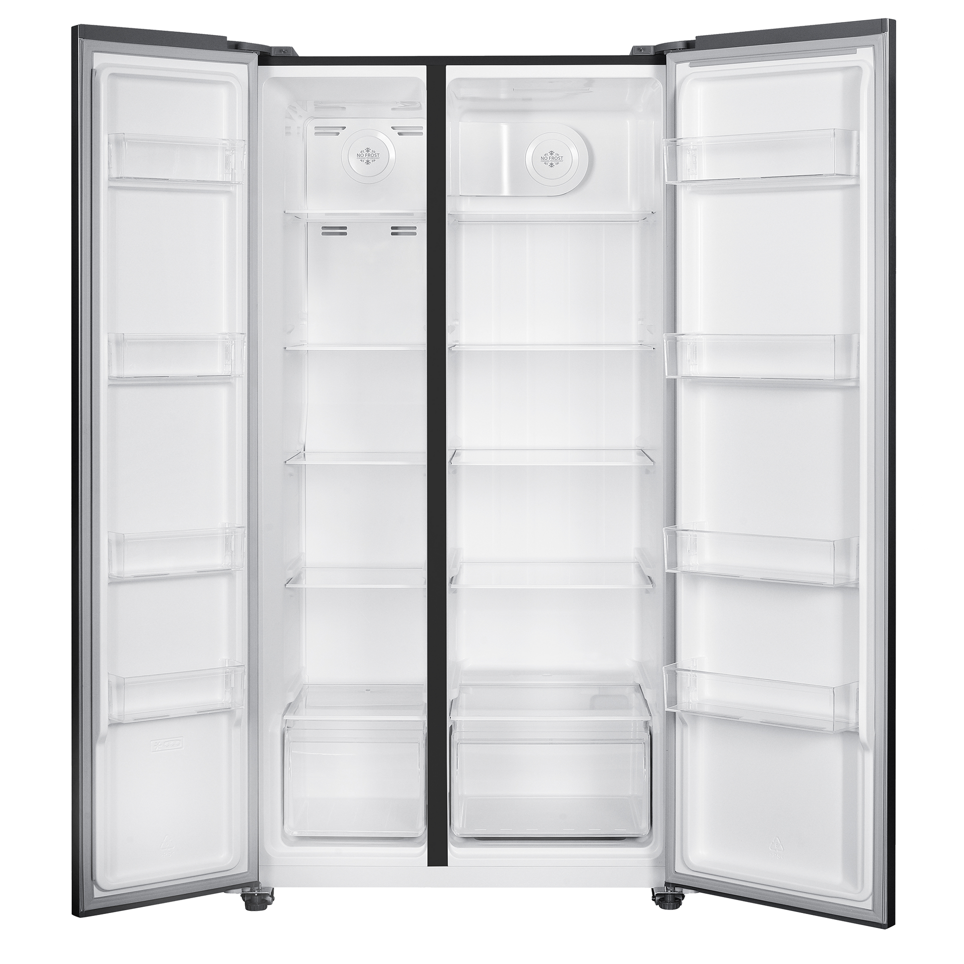 Open stainless steel side-by-side refrigerator with spacious adjustable shelves and clear door bins, part of kitchen and appliance collections.
