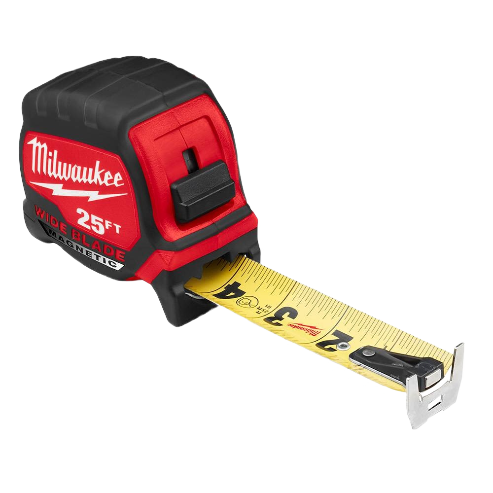 25-foot magnetic tape measure with wide standout blade and secure lock for woodworking and home improvement tools collections