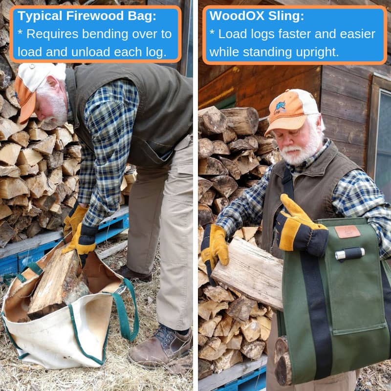 Man standing upright loading split firewood into green LogOX WoodOX Sling Firewood Carrier for home improvement tasks