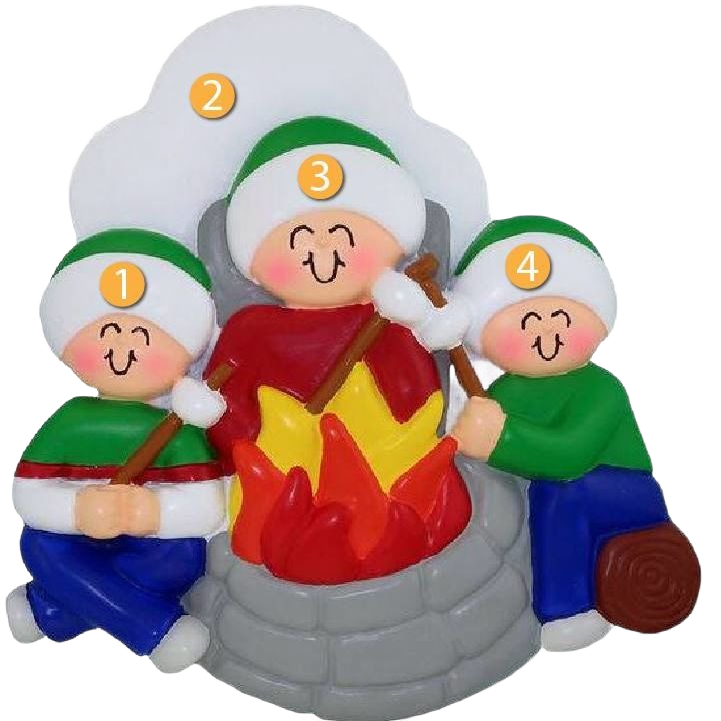 Personalized family of three roasting marshmallows around campfire in Christmas Ornaments & Tree Decorations collection under $50