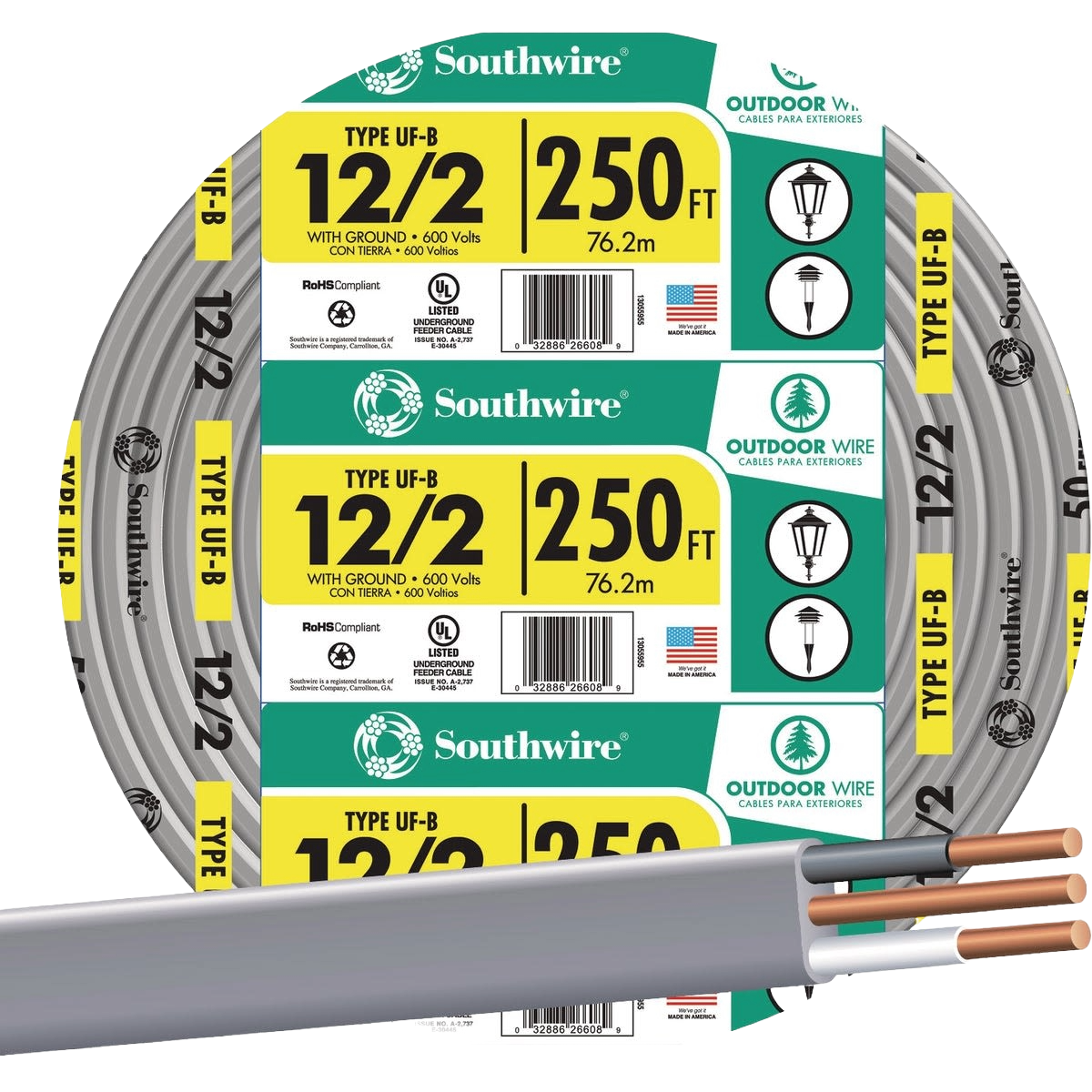 Roll of Southwire 12/2 UF-B outdoor electrical wire with ground for building and outdoor wiring projects