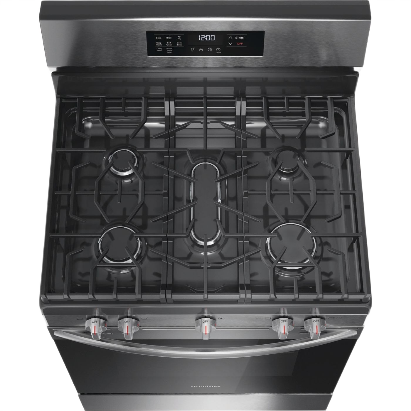 Top view of stainless steel 30-inch gas range with five burners and digital control panel in kitchen appliances collection