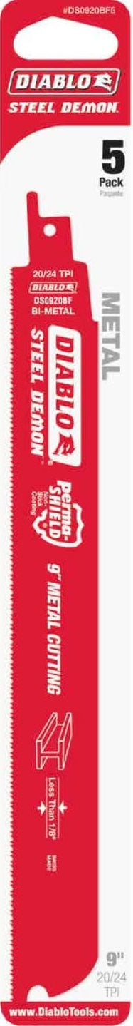 Diablo Steel Demon 9 in. 20/24 TPI Thin Metal Reciprocating Saw Blade, 5-Pack