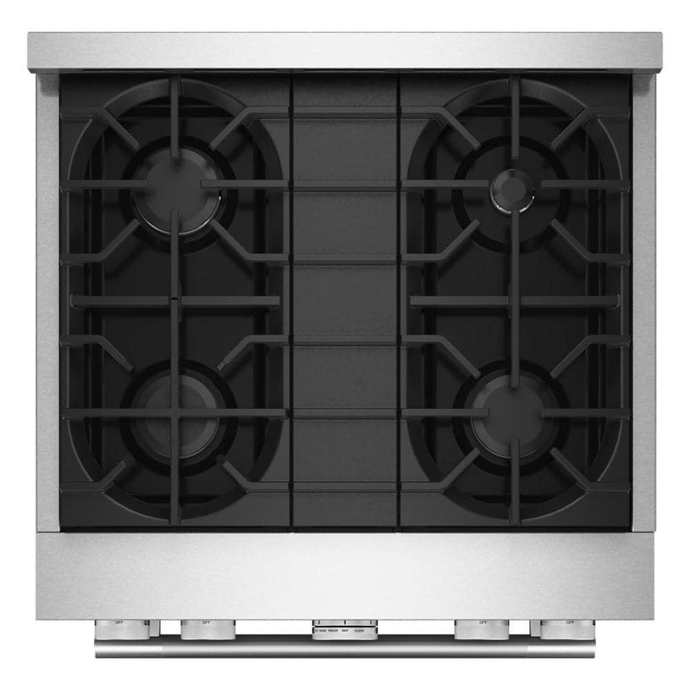 Top view of a stainless steel 30-inch gas range with four burners in Ranges and Appliances collections