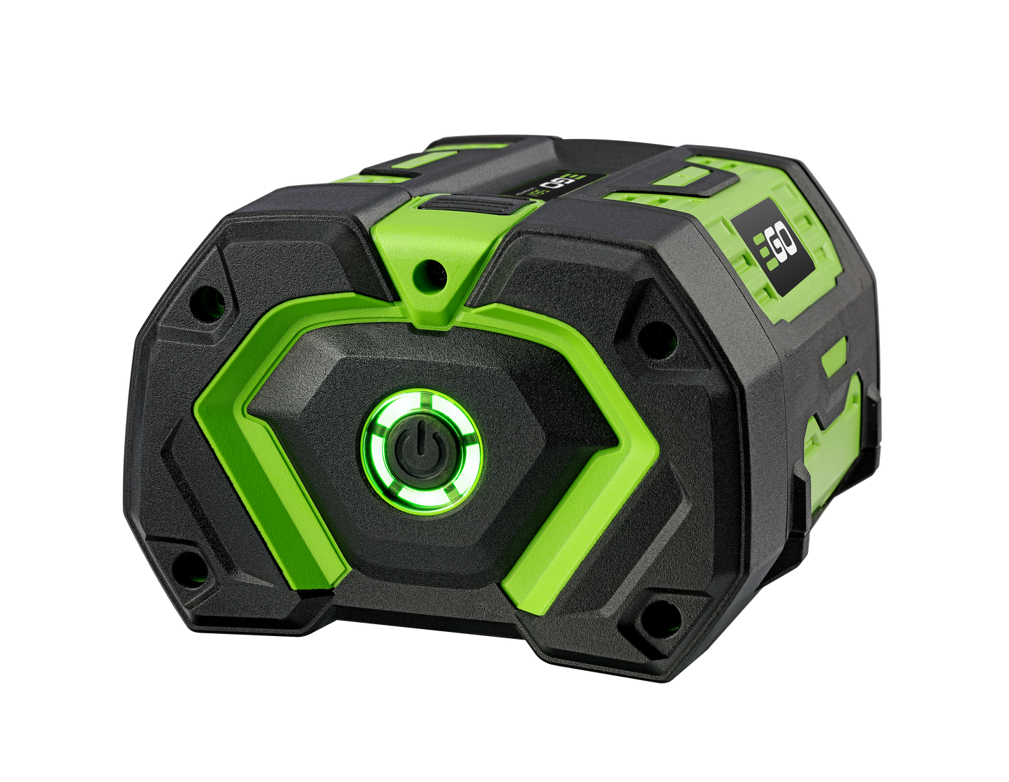 Green and black cordless battery pack with illuminated power button and fuel gauge for tools and home improvement use