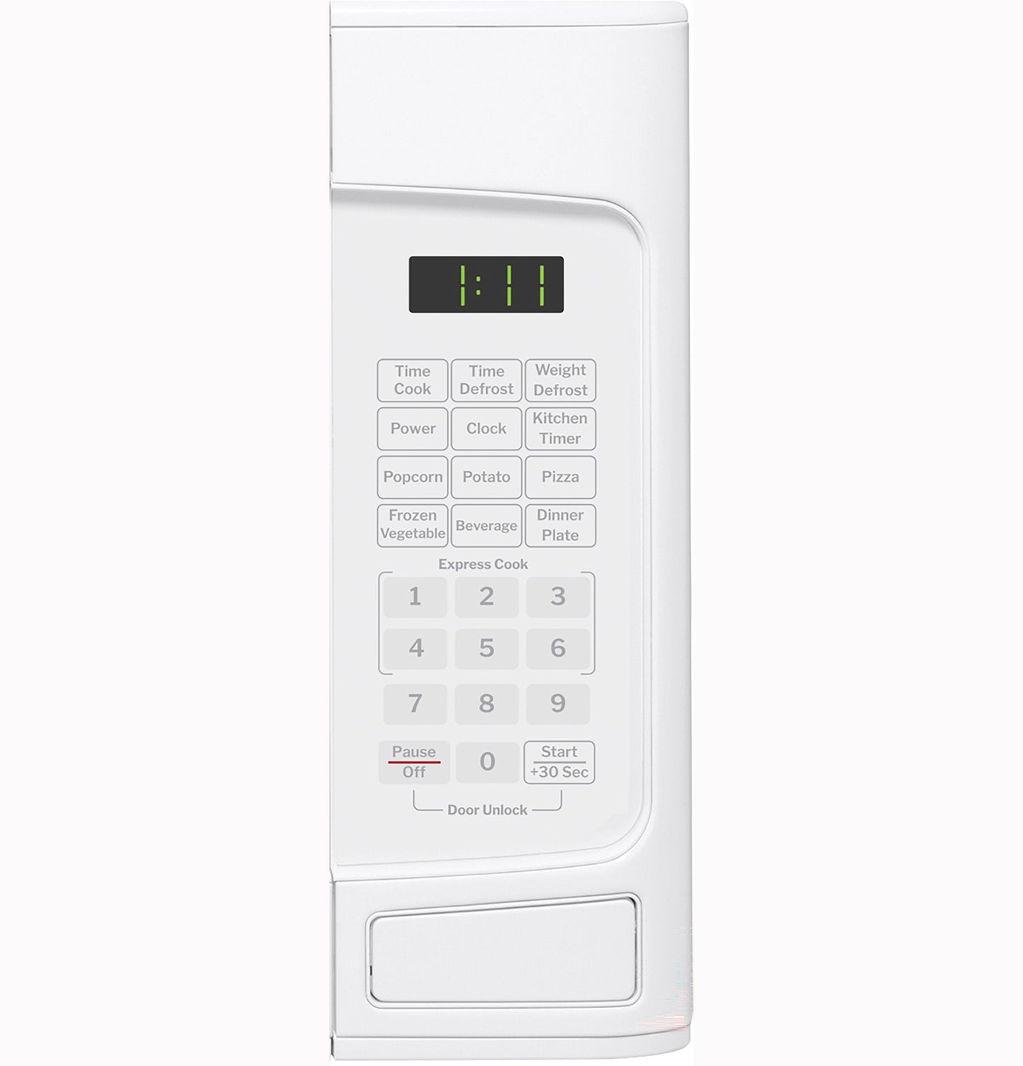 White countertop microwave oven control panel with digital timer and preset cooking option buttons in kitchen appliances collection