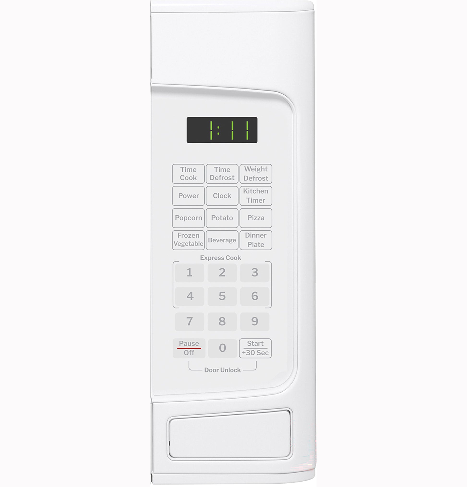 White countertop microwave oven control panel with digital timer and preset cooking option buttons in kitchen appliances collection