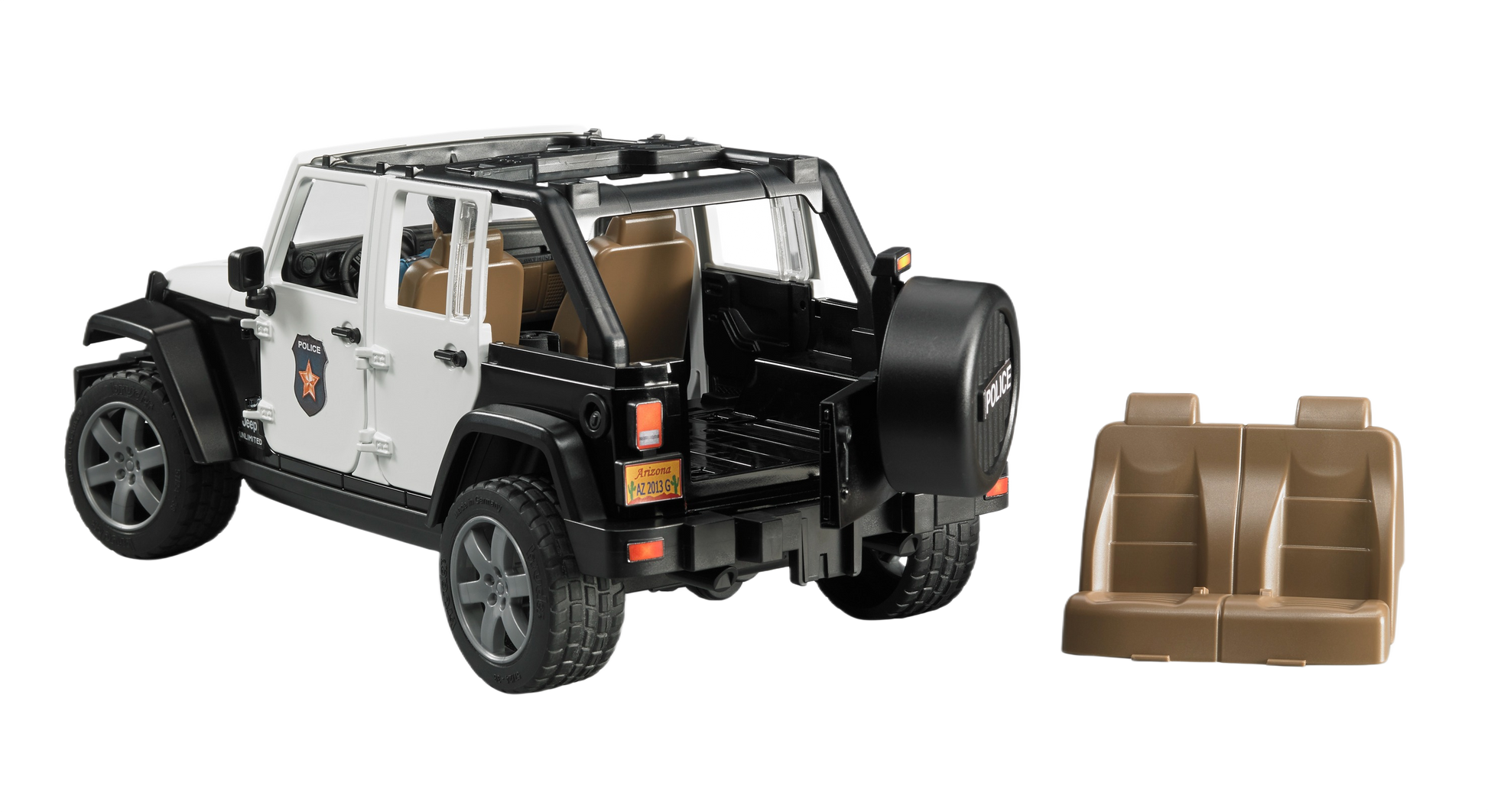 Black and white toy police Jeep Wrangler with removable seats and detailed interior accessories