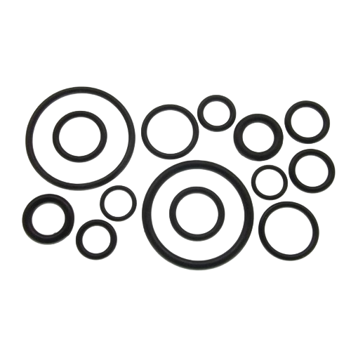 Collection of various sized black rubber O-rings for faucet repair and plumbing parts and maintenance.