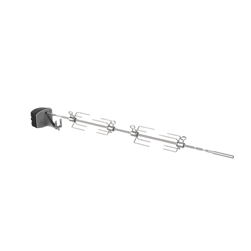 Rotisserie spit rod with forks and motor attachment, designed for slow roasting on grills and outdoor cooking setups