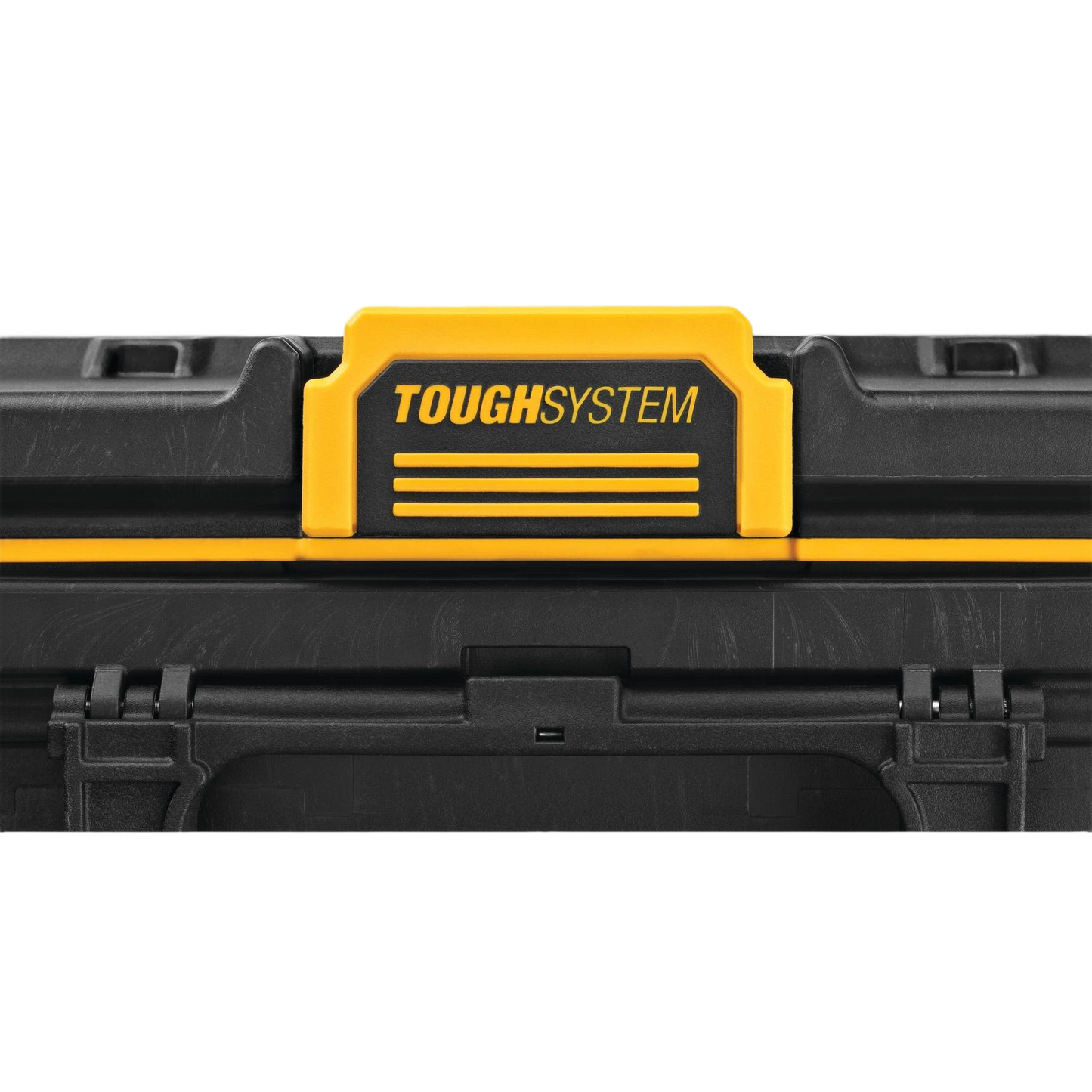 Close-up of yellow and black rugged toolbox latch for secure tool storage and workshop organization at home improvement projects