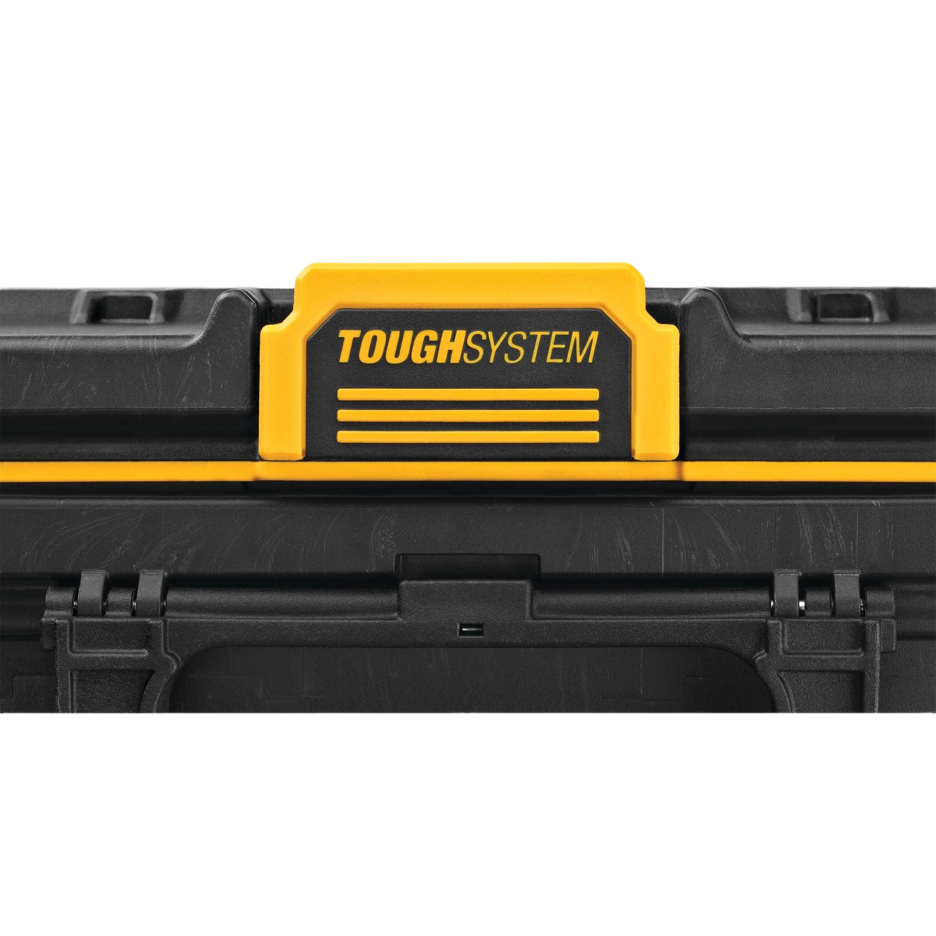 Close-up of yellow and black rugged toolbox latch for secure tool storage and workshop organization at home improvement projects
