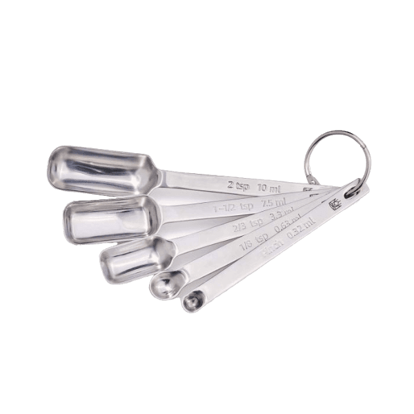 Set of five stainless steel measuring spoons with long handles and a keyring for kitchen gadgets and tools.