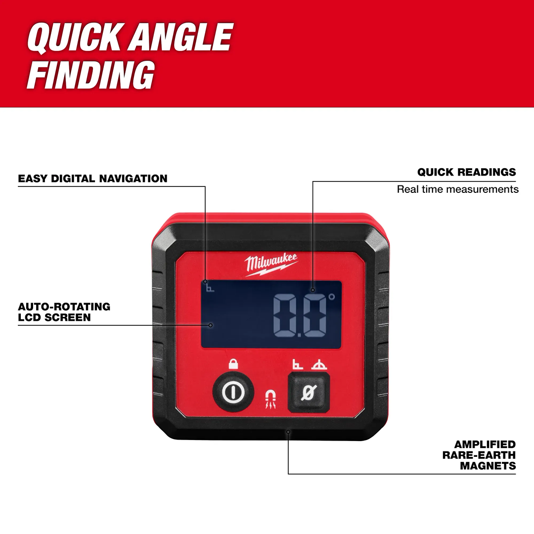 Red and black Milwaukee digital angle gauge with auto-rotating LCD and rare-earth magnets for quick angle measurement
