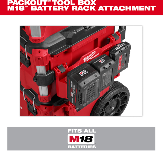 Red Milwaukee PACKOUT battery rack attachment mounted on tool box holding two M18 batteries for jobsite organization