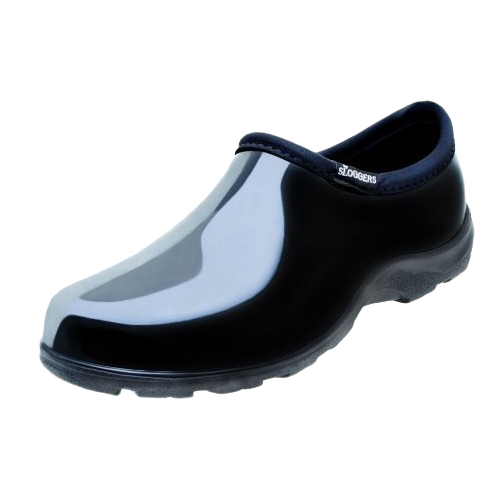 Black slip-on garden shoe with glossy finish and cushioned collar designed for outdoor home improvement tasks