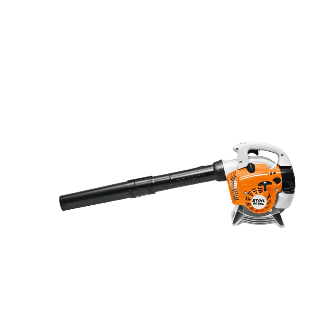 Compact orange and white handheld gas blower with black nozzle for outdoor cleaning and home improvement tasks