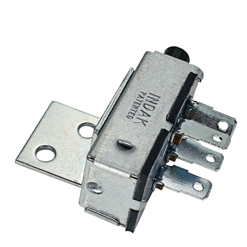 Metal PTO switch component with mounting bracket and electrical connector terminals for tools and home improvement use