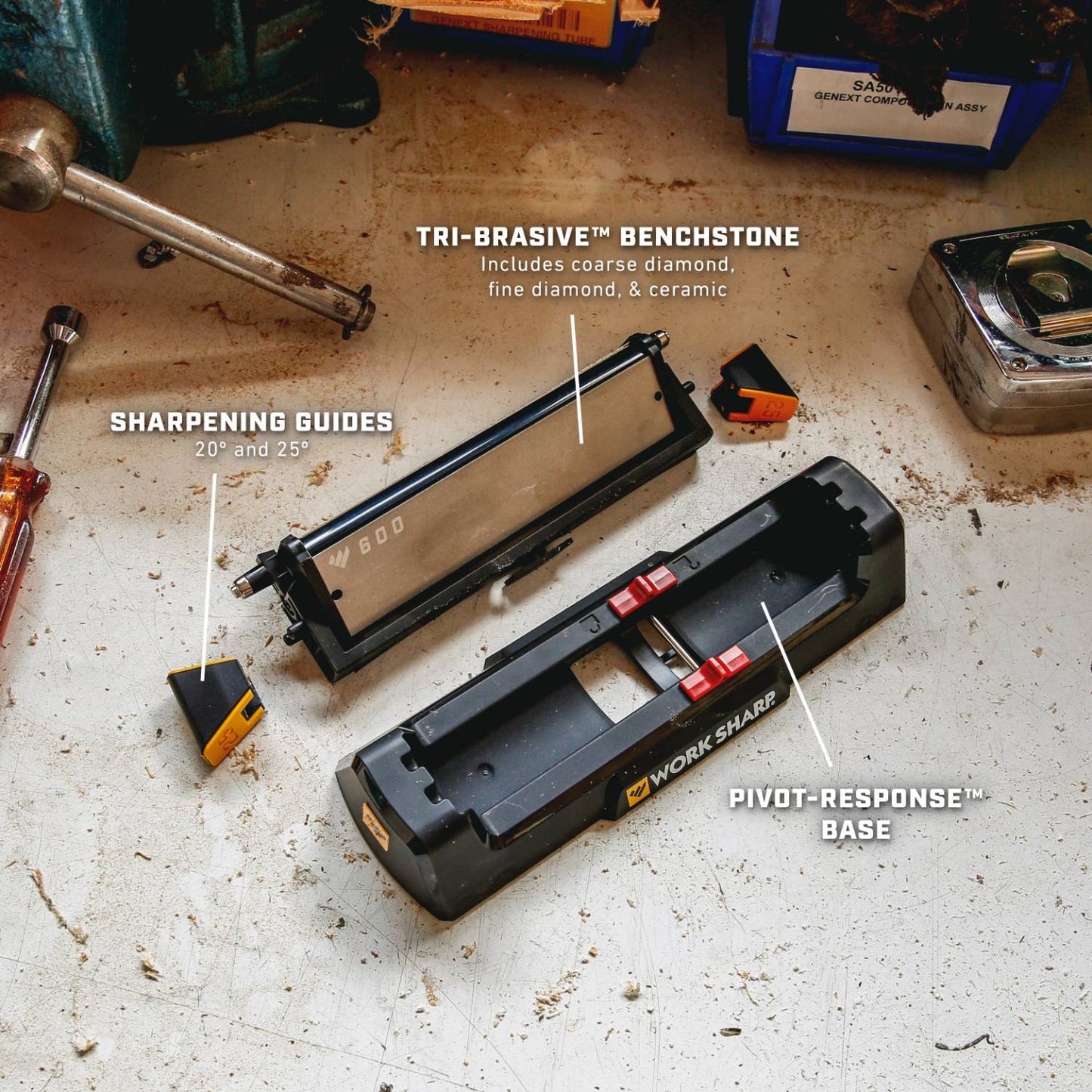Work Sharp sharpening system with tri-abrasive stone and adjustable guide angles for kitchenware and woodworking tools