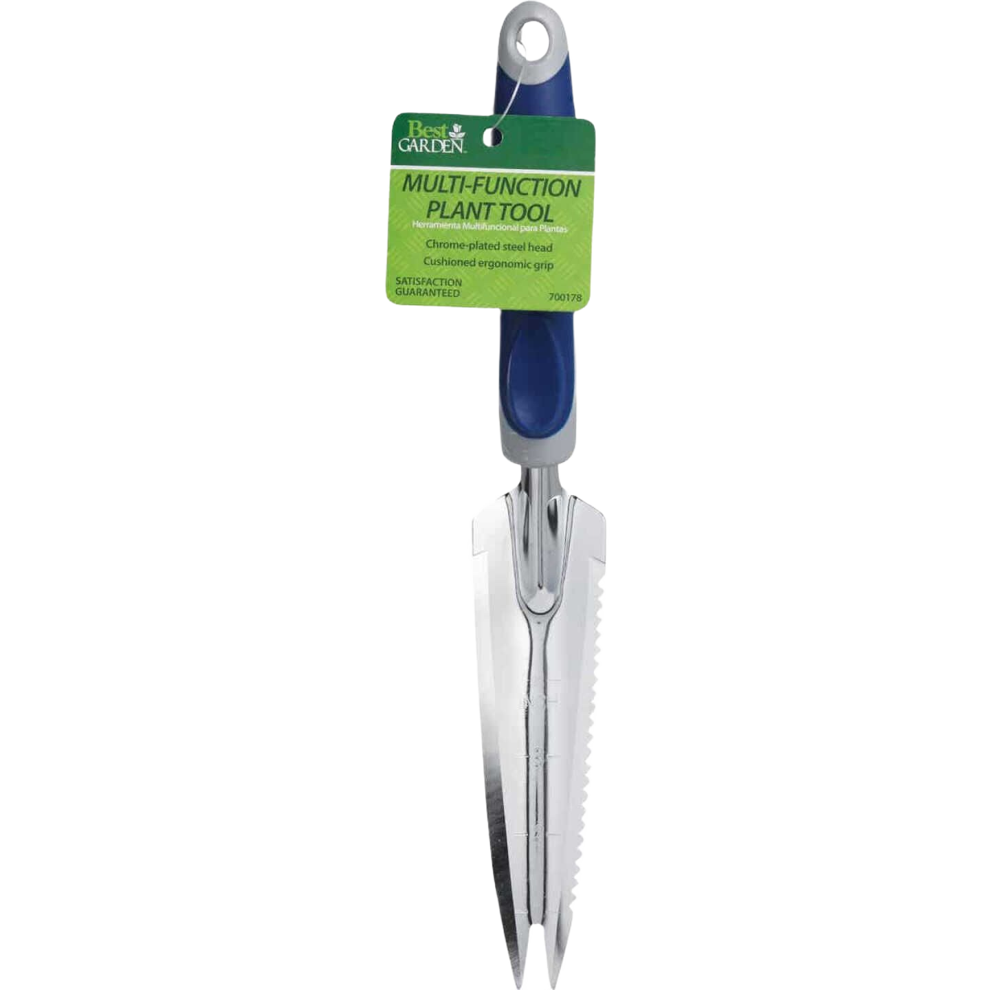 Multifunction garden transplanter tool with chrome-plated steel head and cushioned ergonomic blue handle for gardening tasks