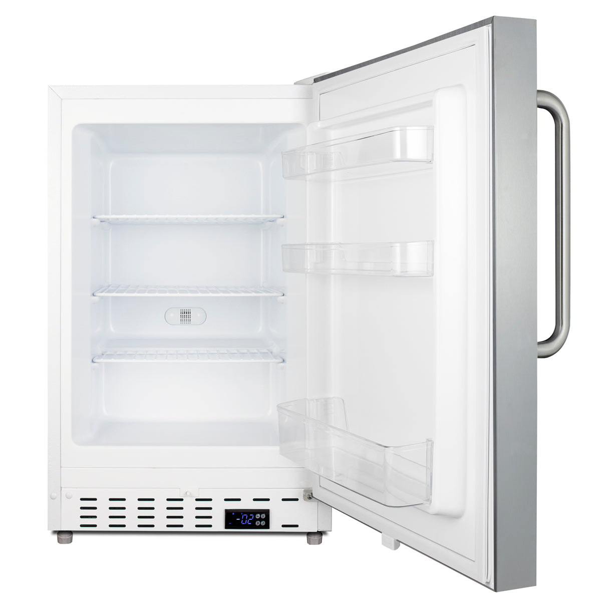 Open 21-inch built-in undercounter freezer with stainless steel door and adjustable wire shelves in appliance collection