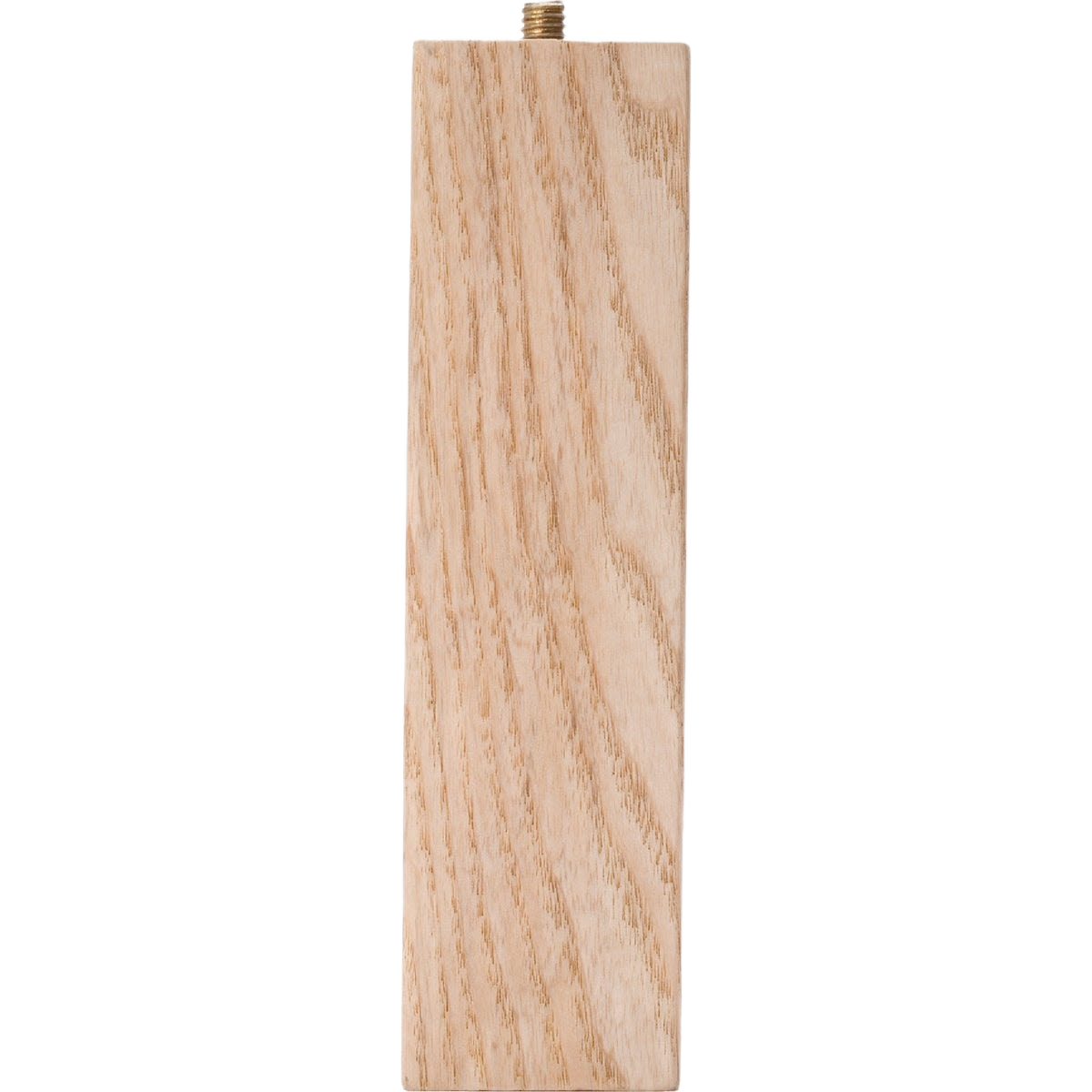 Straight rectangular wooden leg for furniture with visible natural grain and threaded metal attachment for assembly