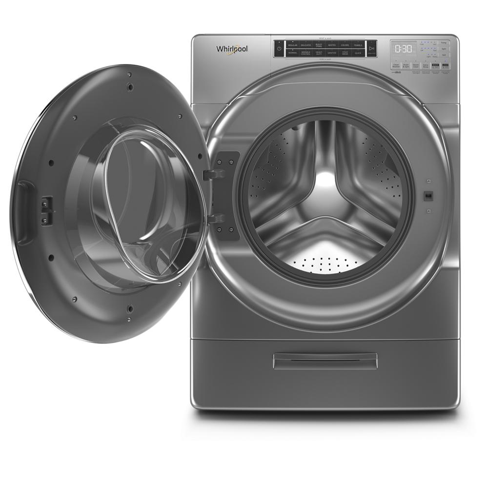 Silver front load washer with open door and digital control panel in washers and appliances collection