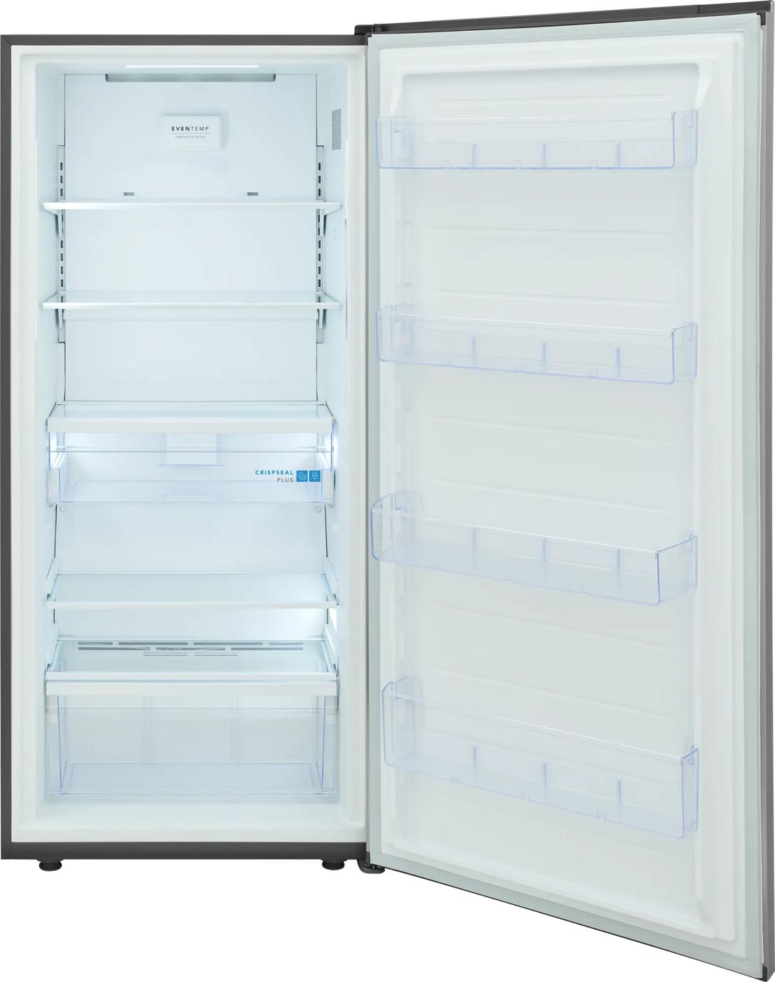 Interior view of an open single-door refrigerator showing multiple adjustable shelves, crispers, and door storage compartments for kitchenware and appliances collections.